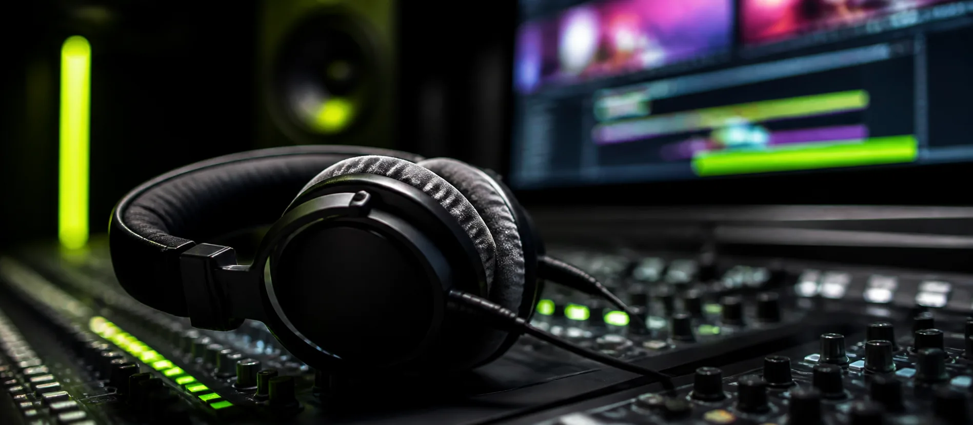 Štúdiové slúchadlá na mixážnom pulte, v pozadí video strihová timeline
