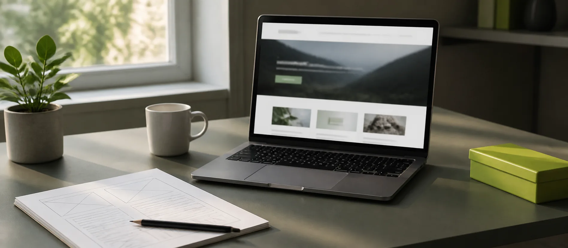 Pracovný stôl s návrhom lokálneho webu — notebook a wireframy